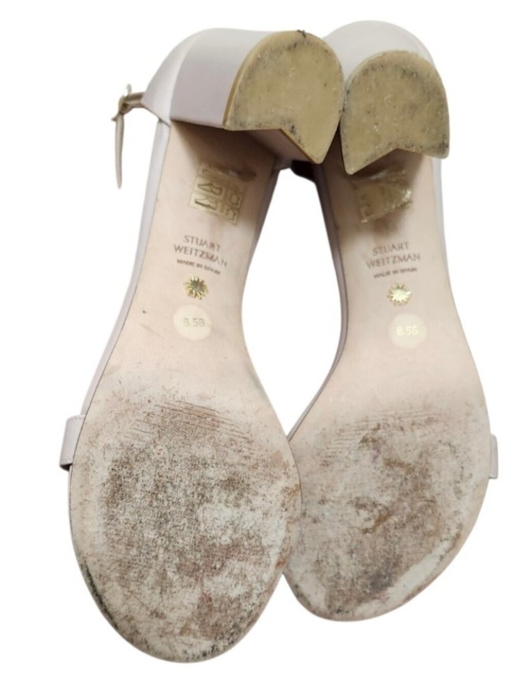 Stuart Weitzman NearlyNude Ankle Strap Sandals 8.5 Blush Pink Leather Block Hees - Picture 15 of 16
